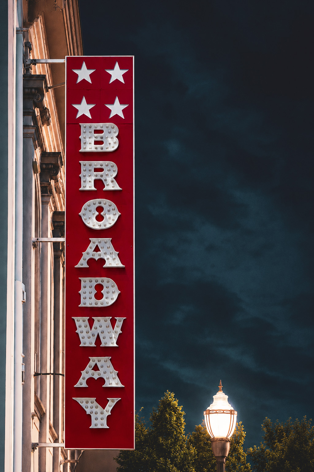 The restored BROADWAY marquee on Broadway in North Beach