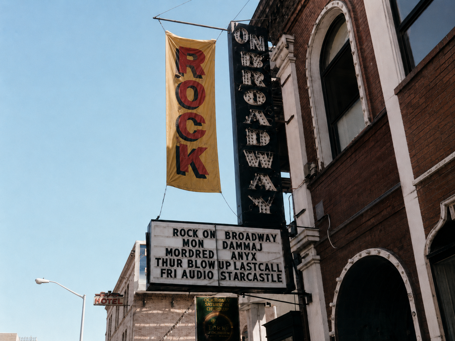The ON BROADWAY marquee with a ROCK banner