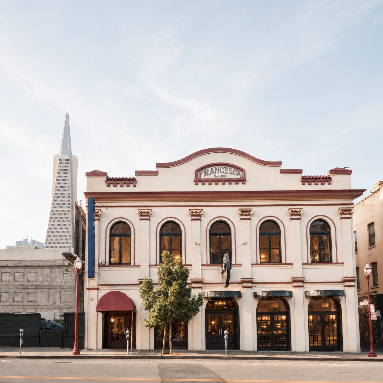 435 Broadway today, restored facade against the San Francisco skyline